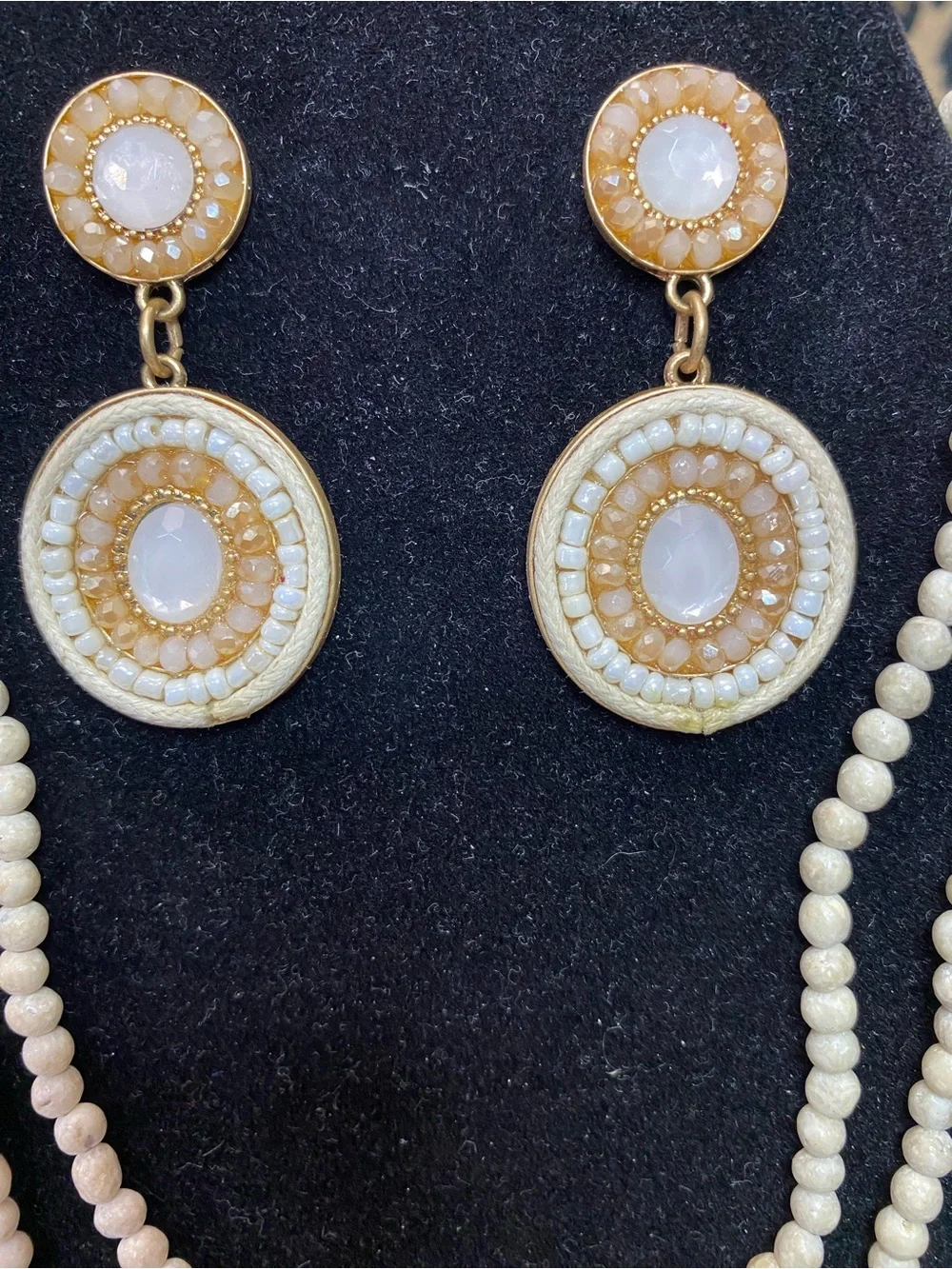 Vintage Cream Beaded Necklace & Earrings Set - Unbranded